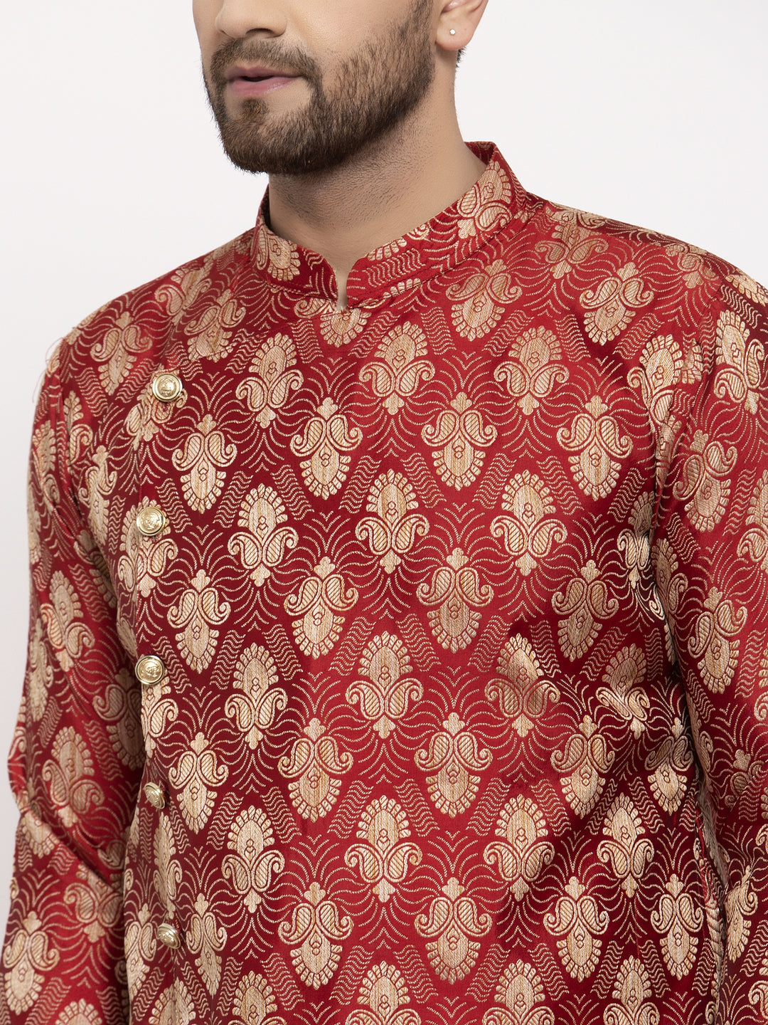 Jompers Men Maroon Jacquard Kurta with Churidar