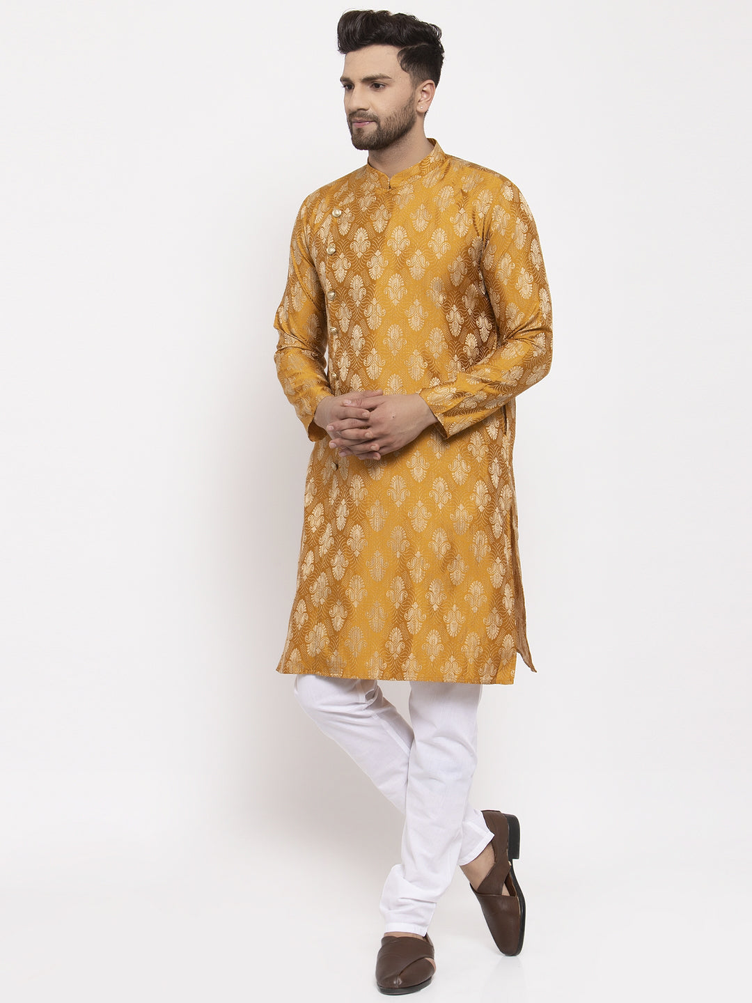 Jompers Men Mustard Yellow & White Jacquard Kurta with Churidar