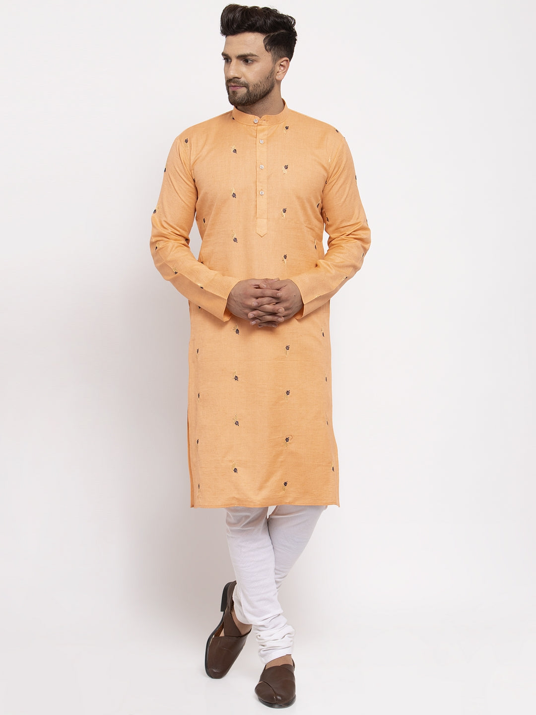 Jompers Men's Orange Printed Cotton Kurta Only