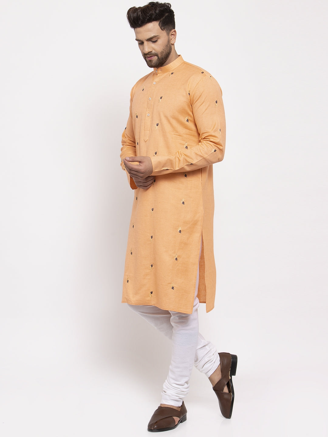 Jompers Men's Orange Printed Cotton Kurta Only