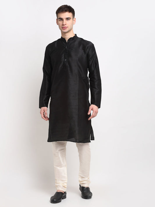 Jompers Men's Black Solid Dupion Silk Kurta Payjama Set 