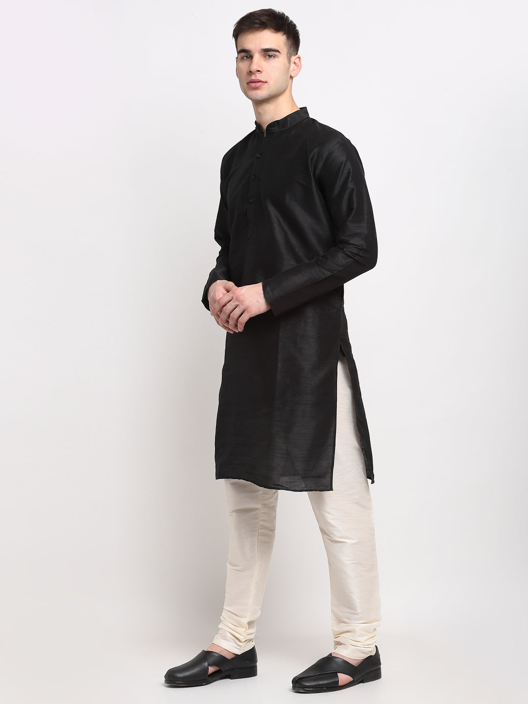 Jompers Men's Black Solid Dupion Silk Kurta Payjama Set 