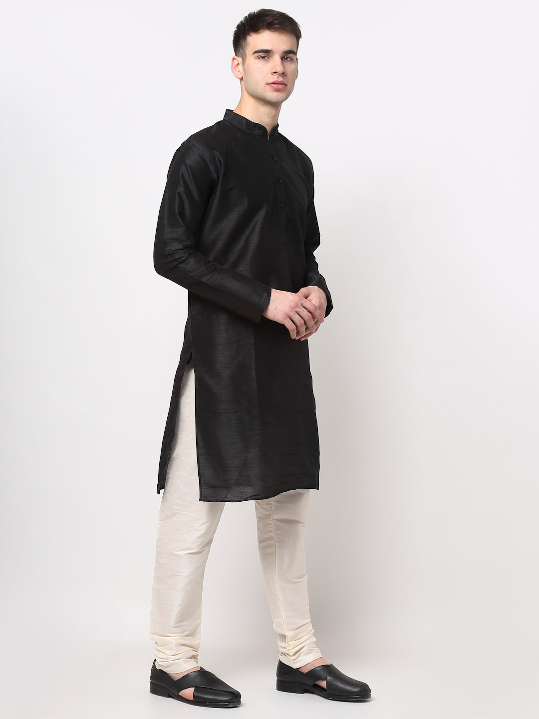 Jompers Men's Black Solid Dupion Silk Kurta Payjama Set 