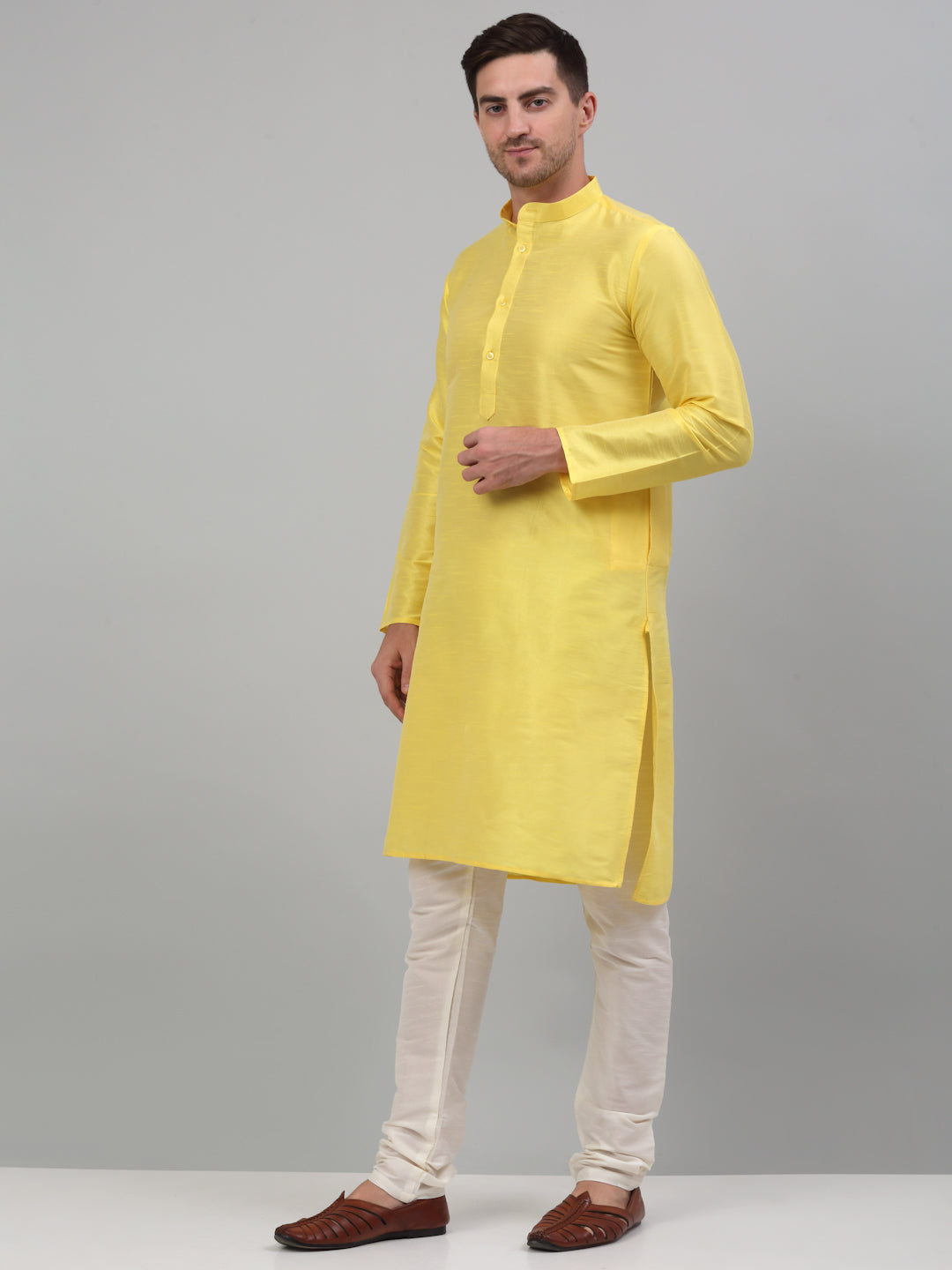Jompers Men's Lemon Yellow Dupion Silk Kurta with Churidar