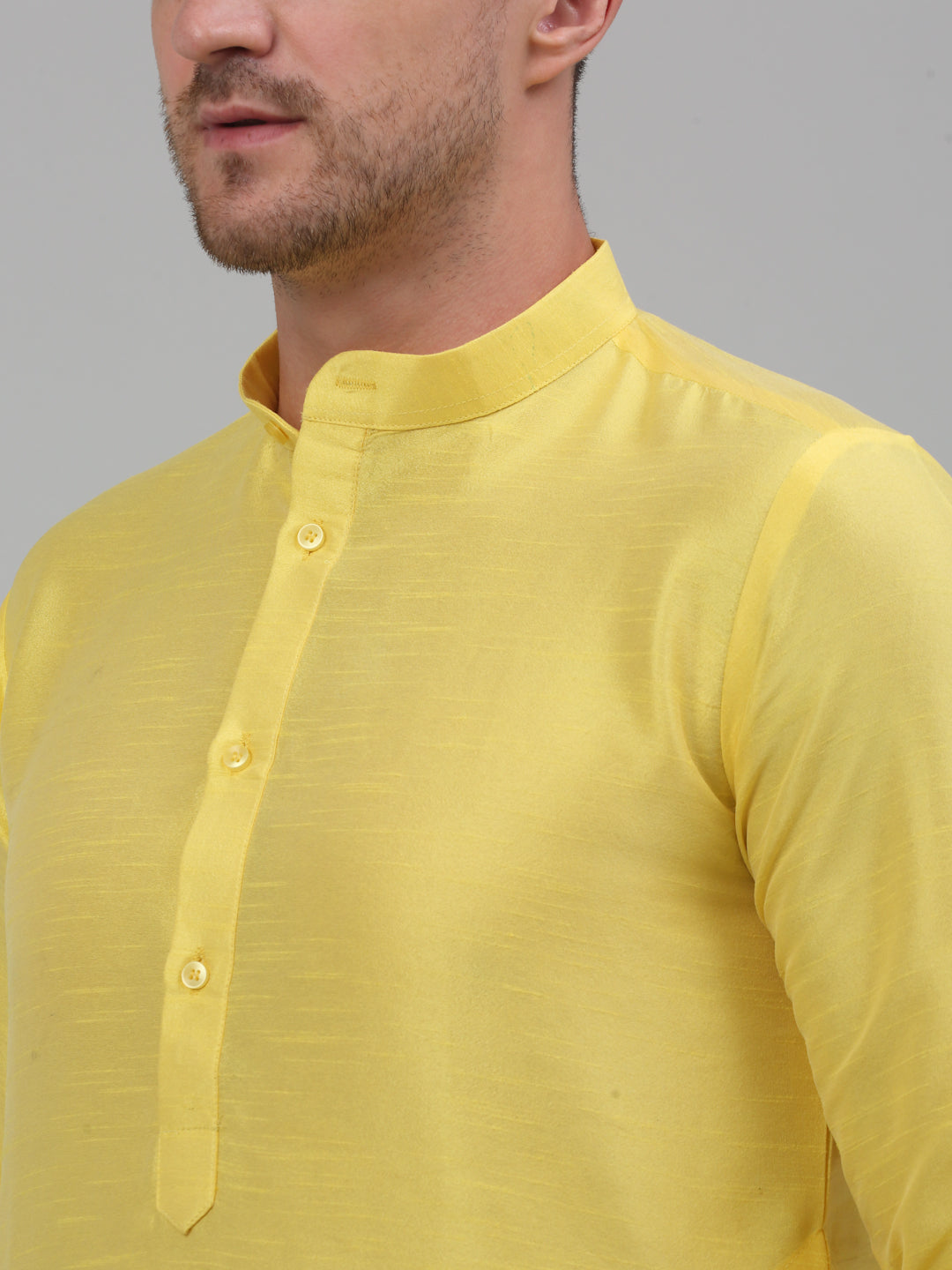 Jompers Men's Lemon Yellow Dupion Silk Kurta with Churidar
