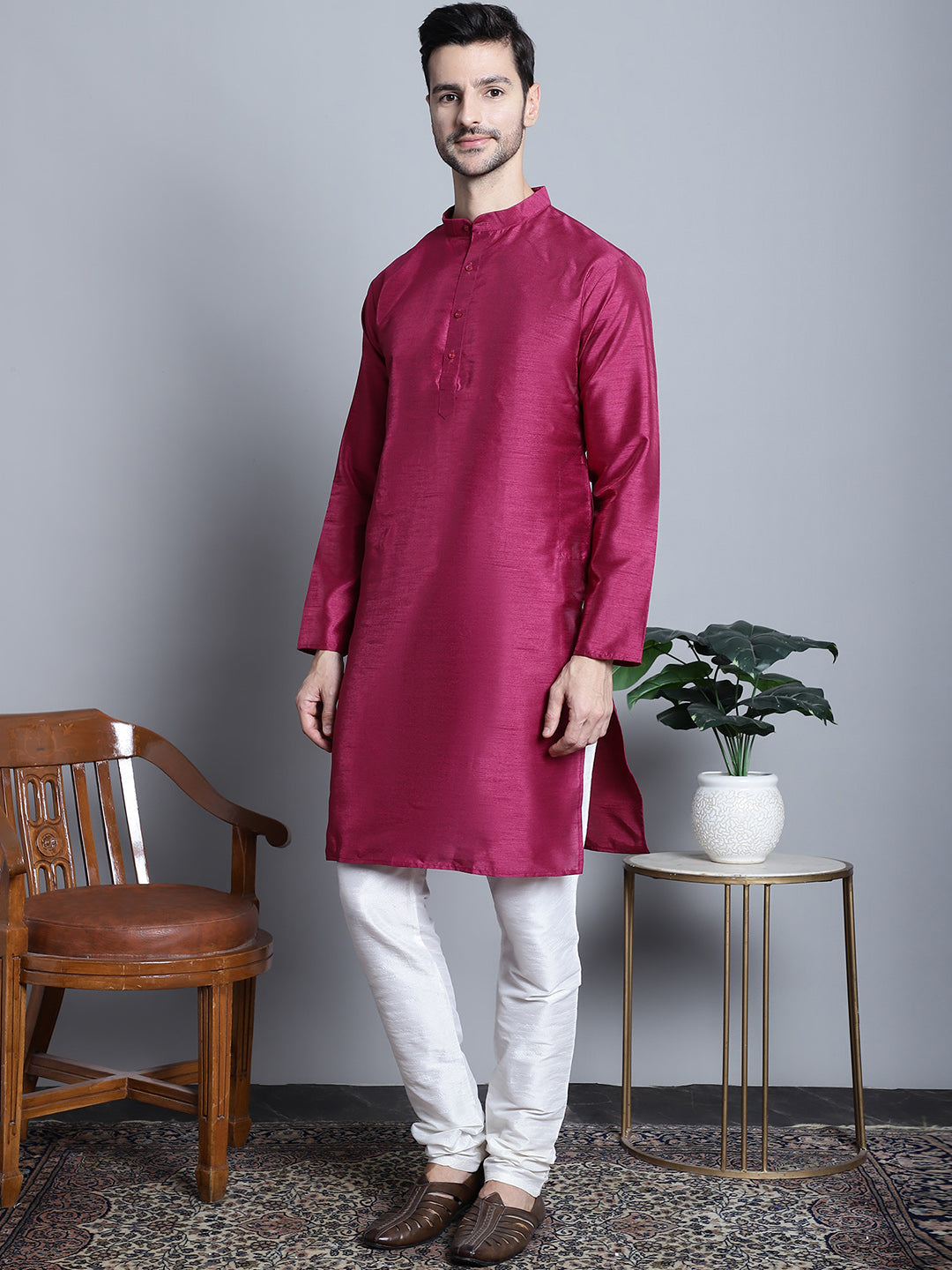 Jompers Men's Purple Dupion Silk Kurta with Churidar - Purple