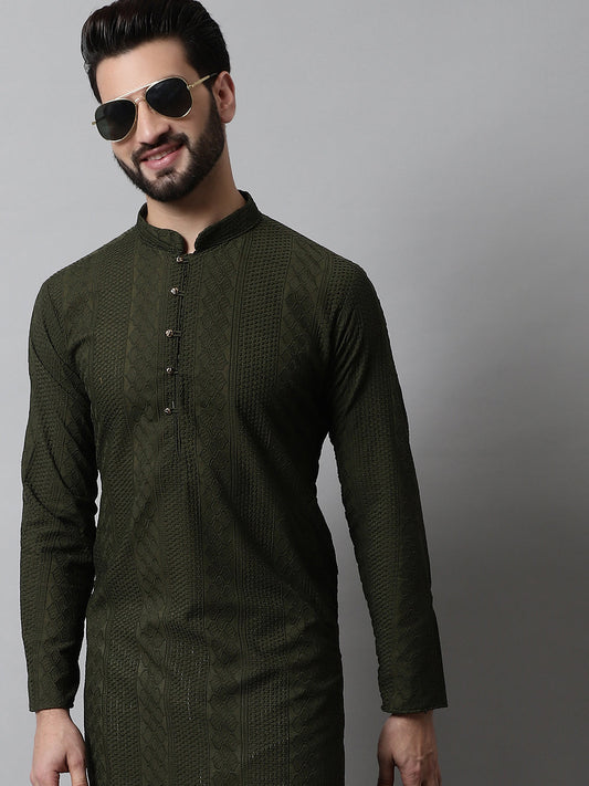 Jompers Men's Embroiderd Kurta Pajama - Olive