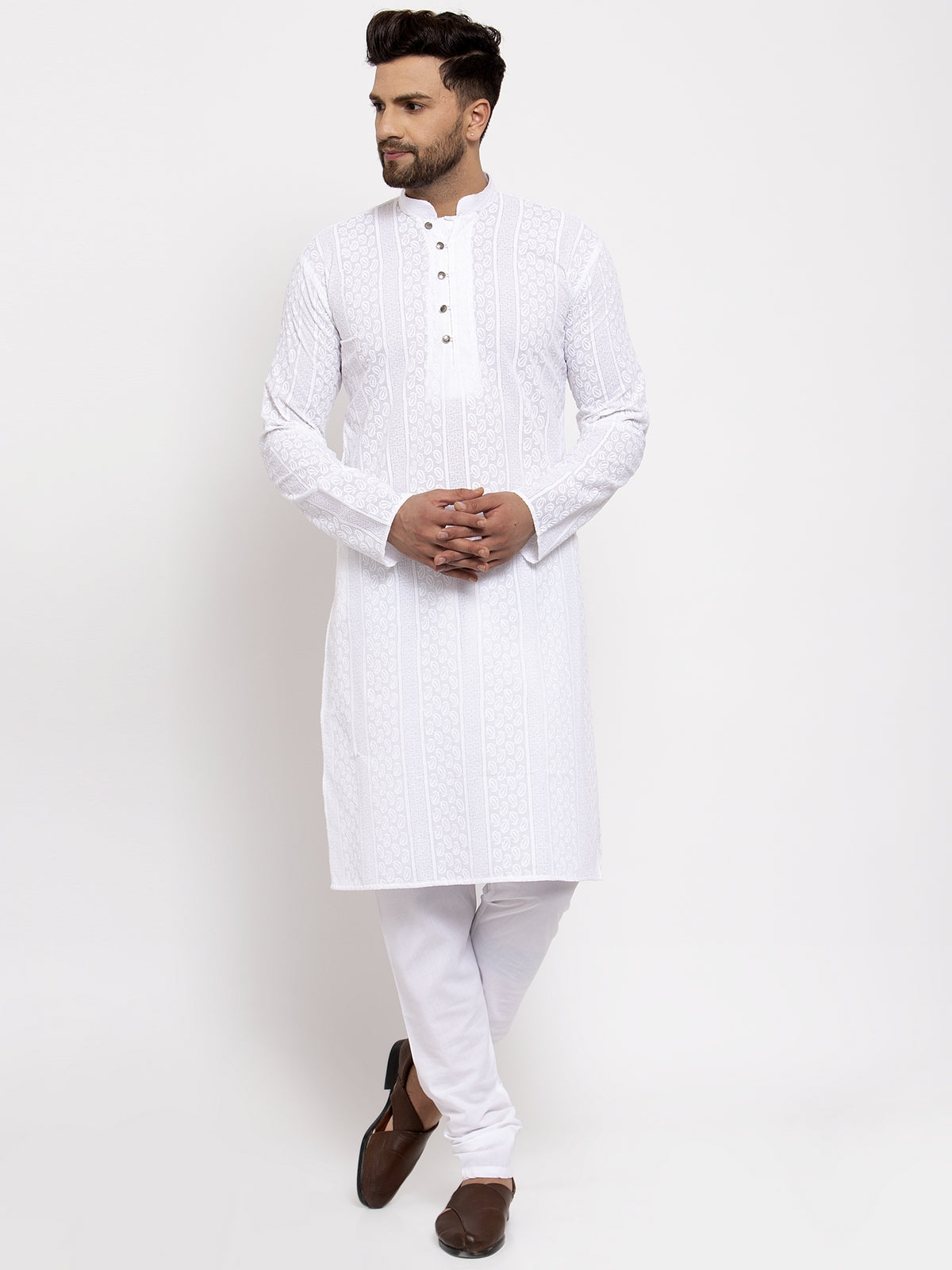 Jompers Men White Embroidered Kurta with Pyjamas 