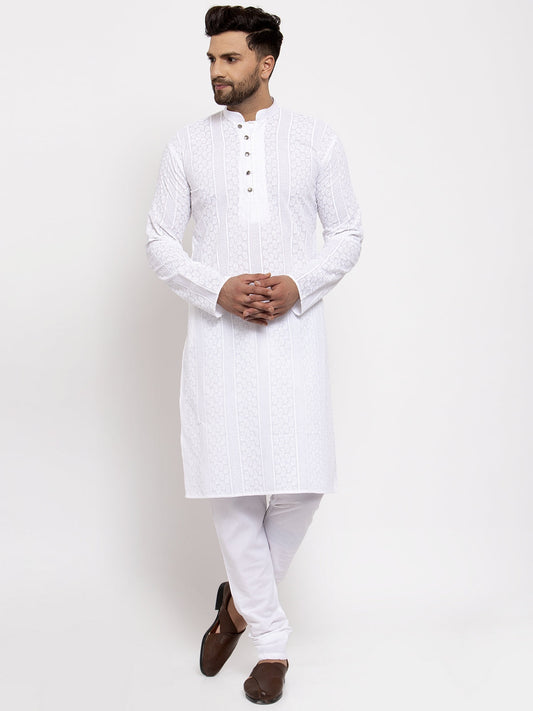 Jompers Men White Embroidered Kurta with Pyjamas 