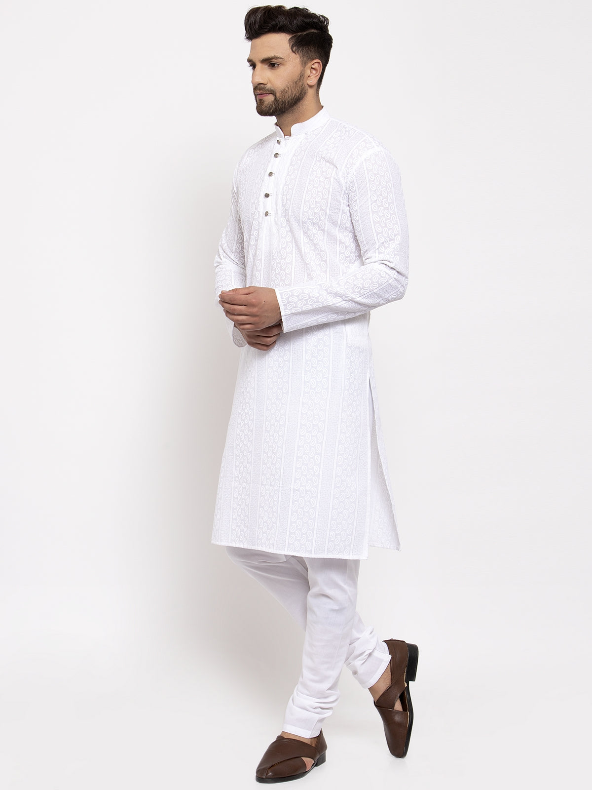 Jompers Men White Embroidered Kurta with Pyjamas 
