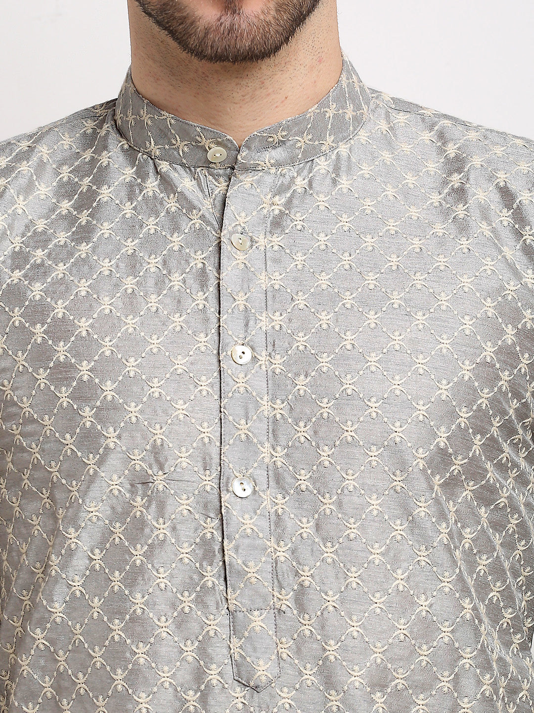 Jompers Men's Grey Chikankari Kurta with Churidar