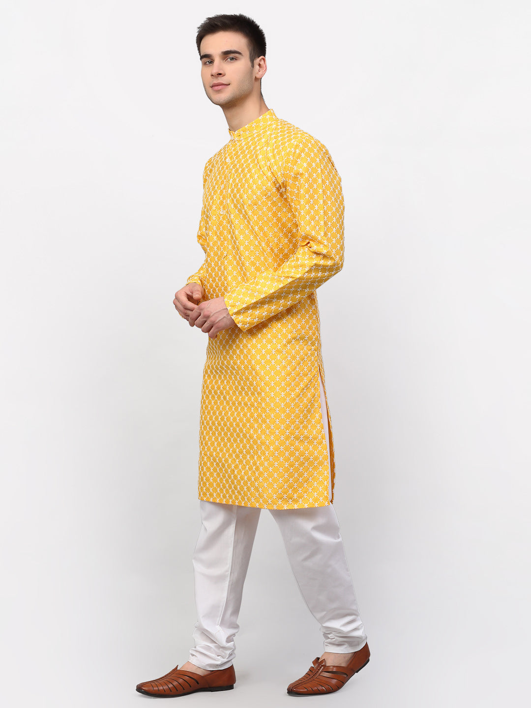 Jompers Men Mustard Chikankari Kurta with Churidar