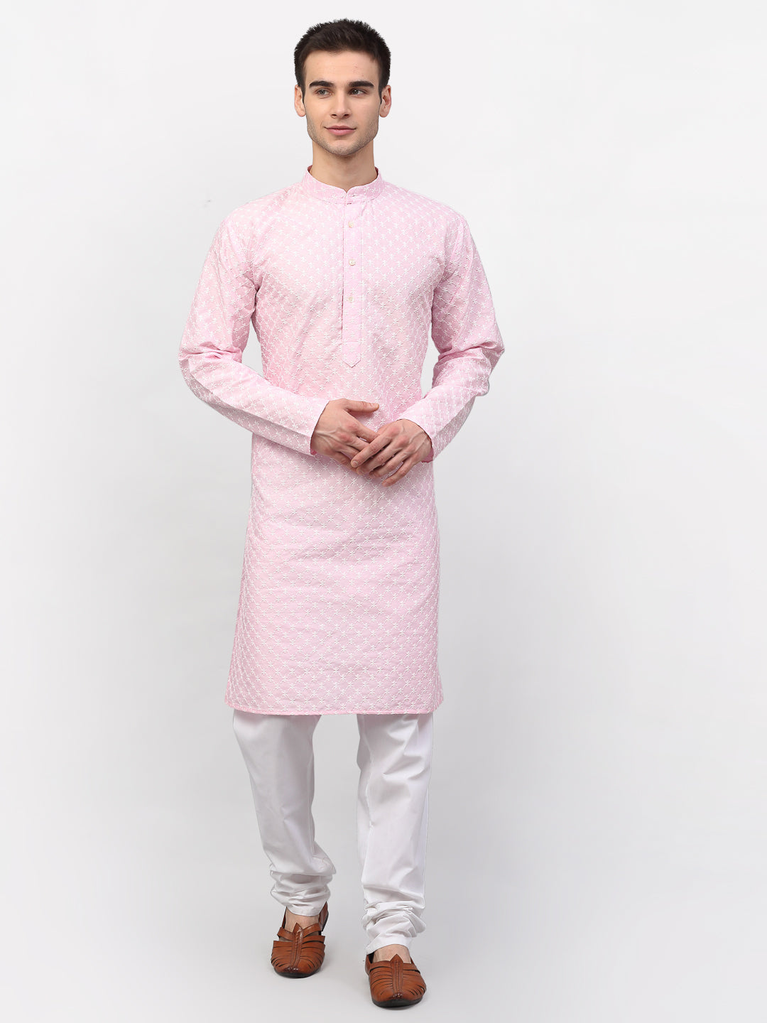 Jompers Men Pink Chikankari Kurta with Churidar