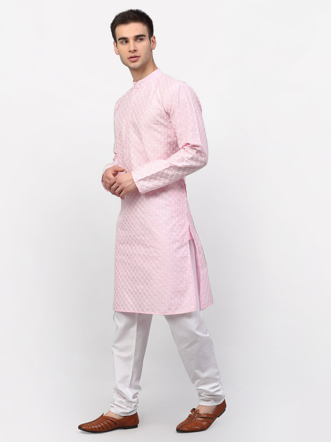Jompers Men Pink Chikankari Kurta with Churidar