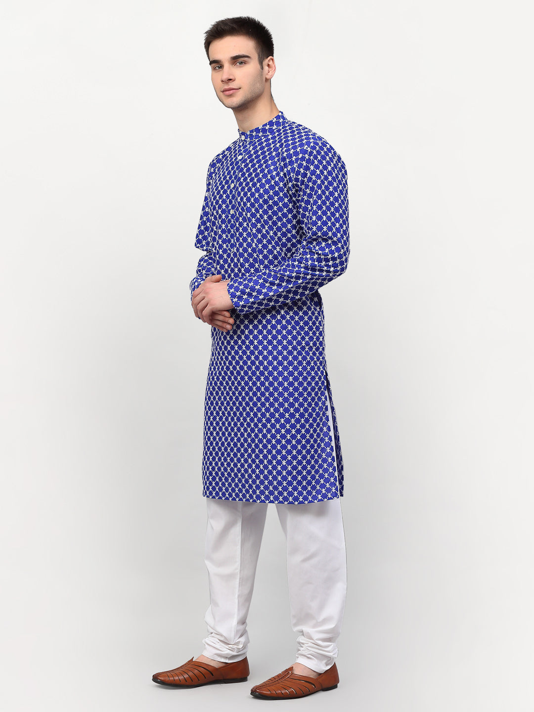 Jompers Men Royal-Blue Chikankari Kurta with Churidar