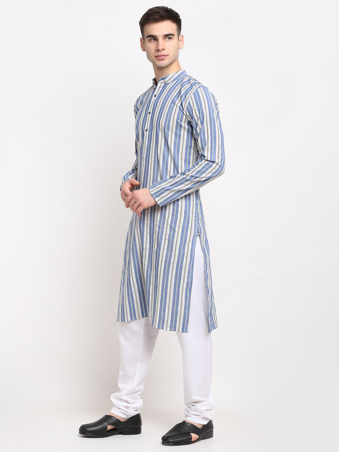 Jompers Men's Blue Cotton Striped Kurta Only