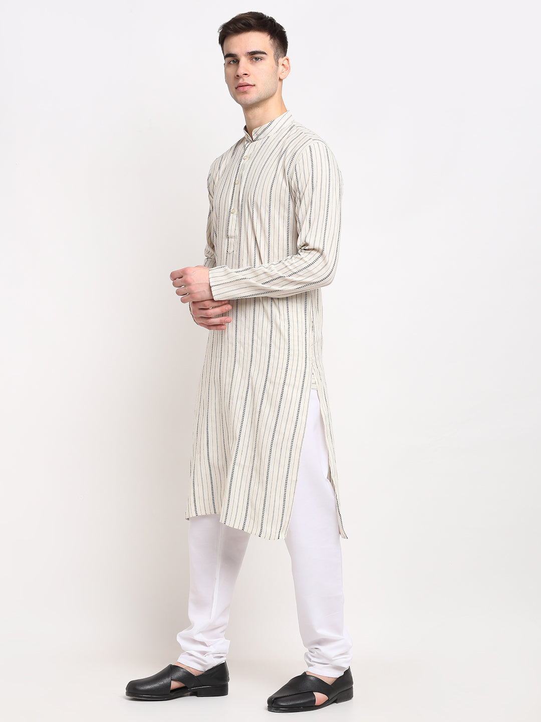 Jompers Men's Cream Cotton Striped Kurta Only