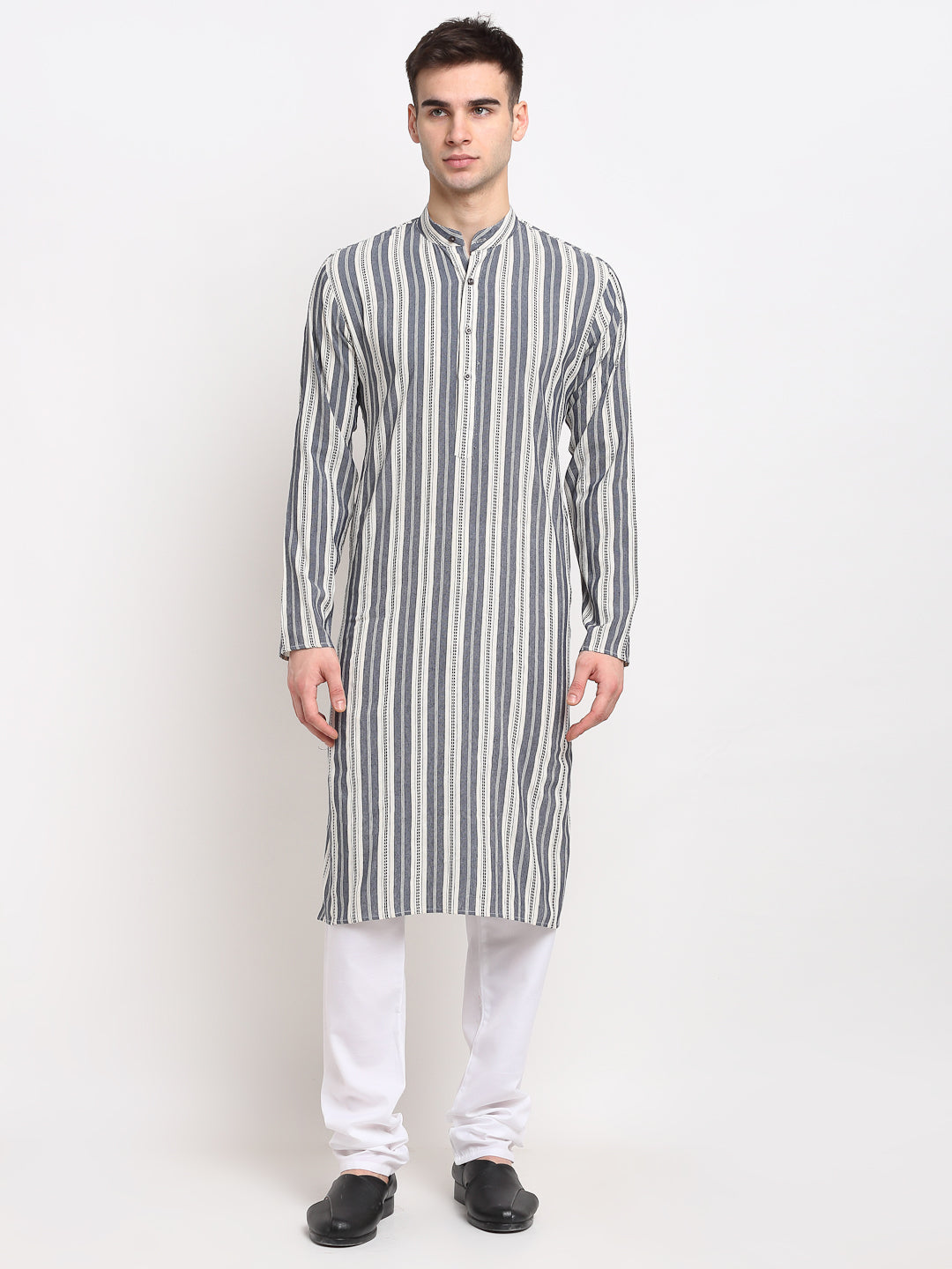 Jompers Men's Grey Cotton Striped Kurta Only