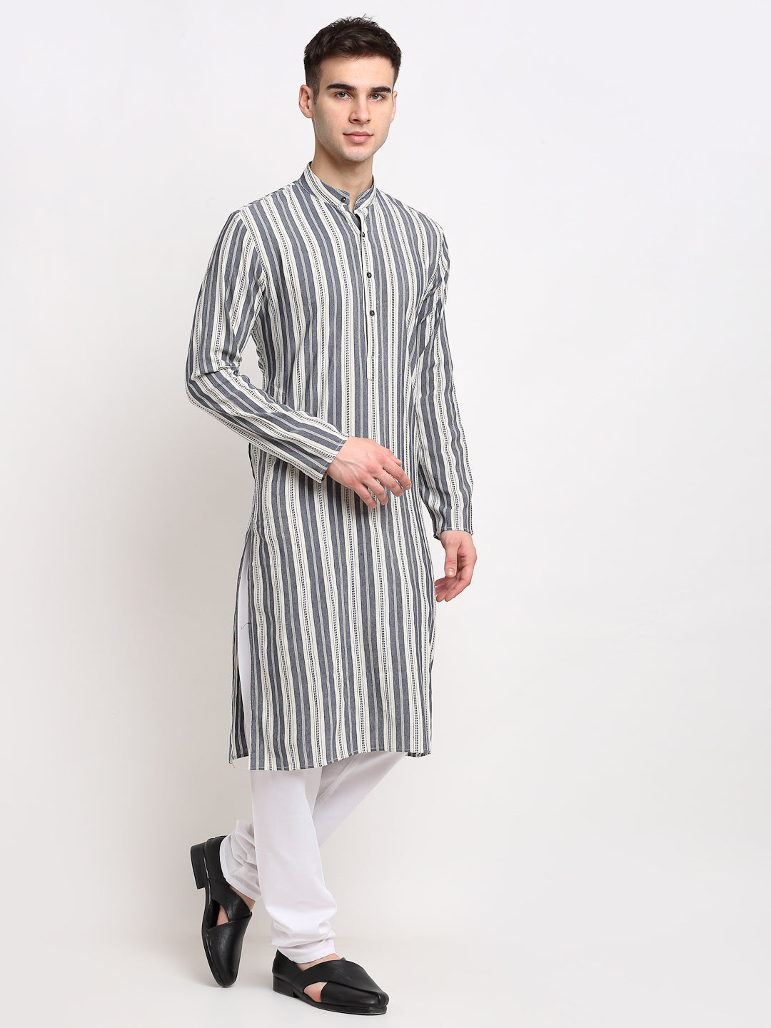 Jompers Men's Grey Cotton Striped Kurta Only