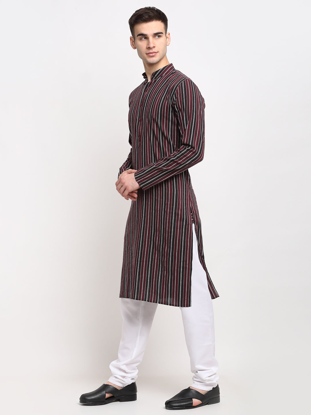 Jompers Men's Maroon Cotton Striped Kurta Only