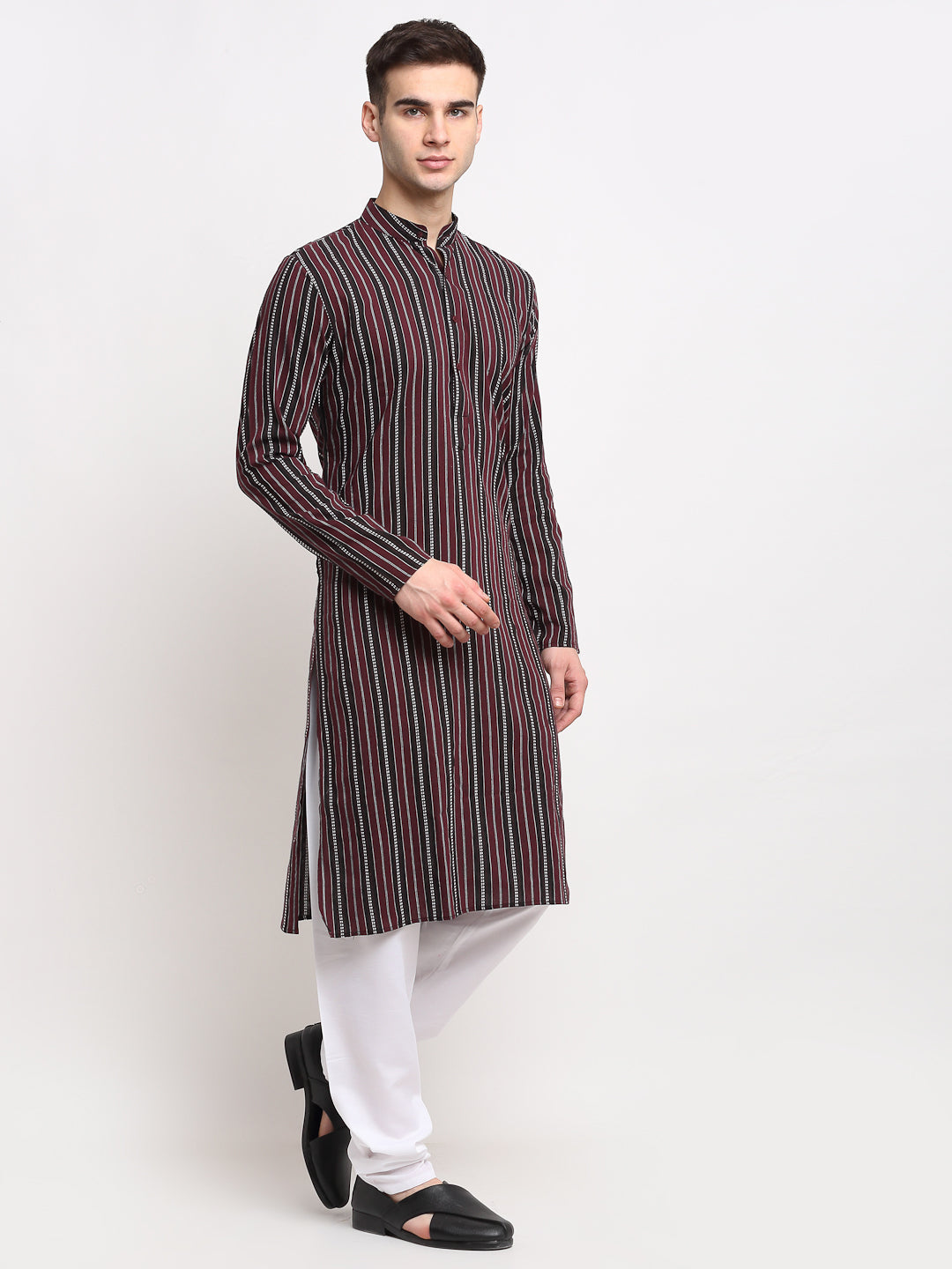 Jompers Men's Maroon Cotton Striped Kurta Only