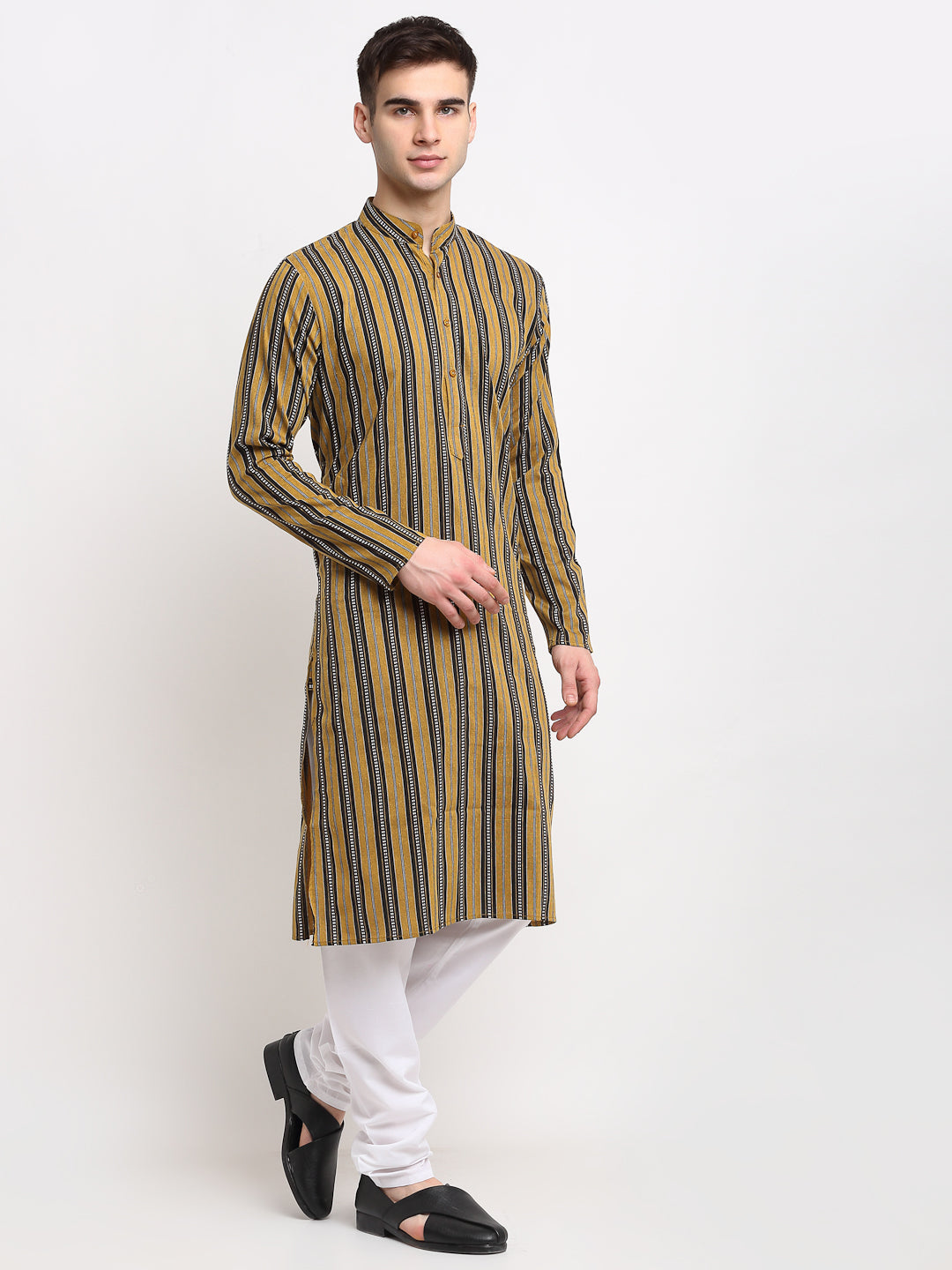 Jompers Men's Mustard Cotton Striped Kurta Only
