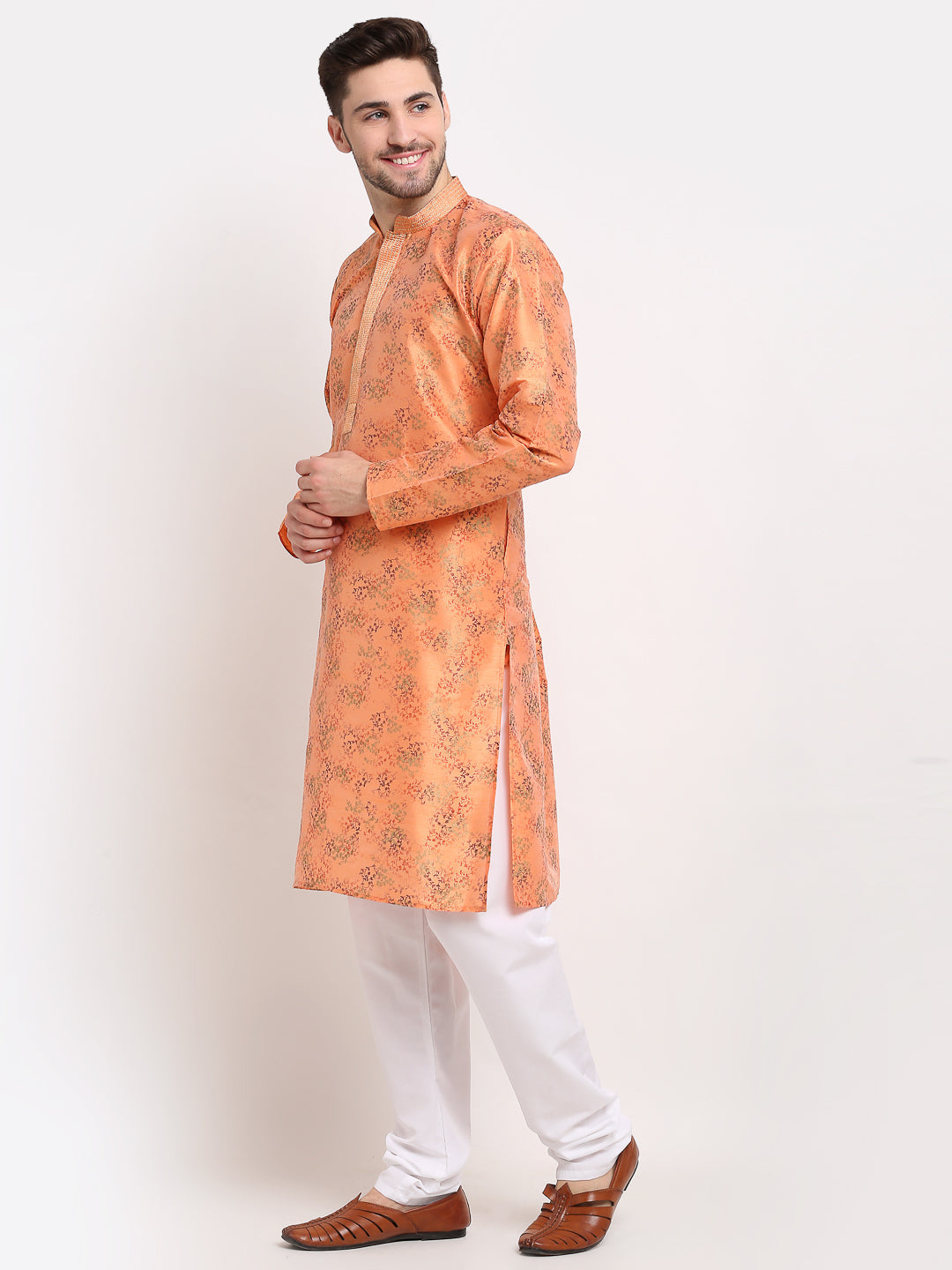 Jompers Men's Orange Dupion Printed Kurta Only