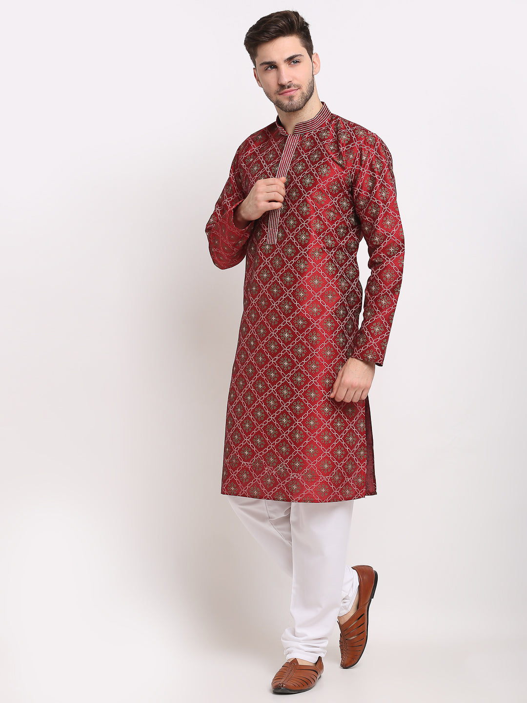 Jompers Men's Maroon Woven Kurta Payjama Sets