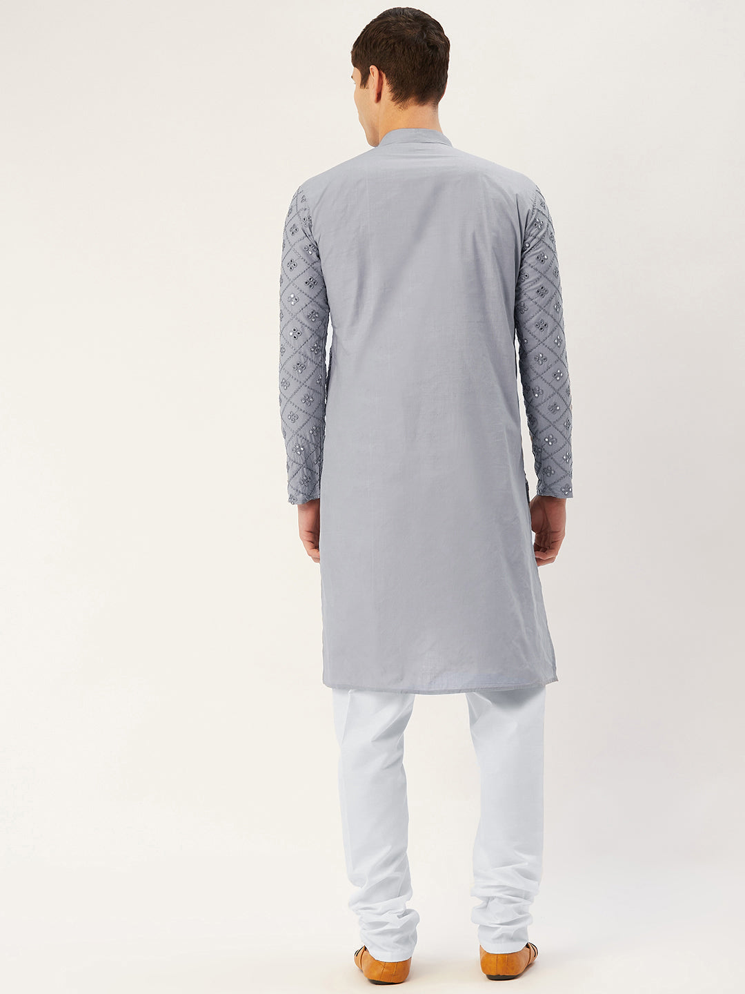 Jompers Men's Grey Embroidered Mirror Work Kurta Only