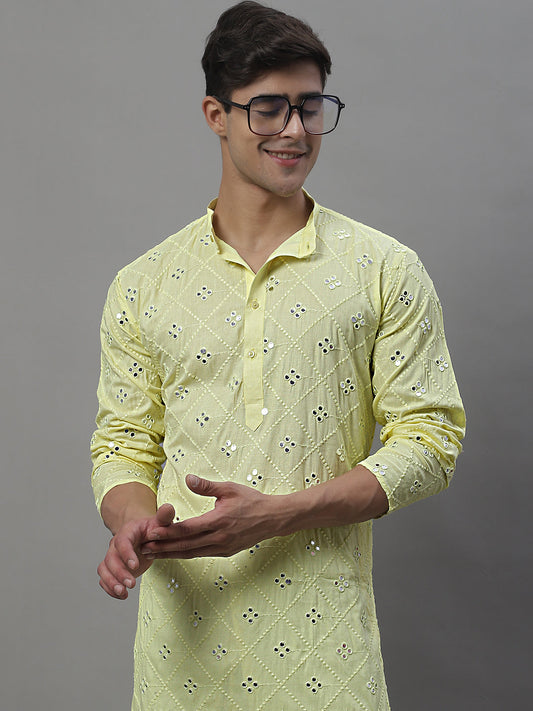 Jompers Men's Embroidered Mirror Work Kurta - Lemon