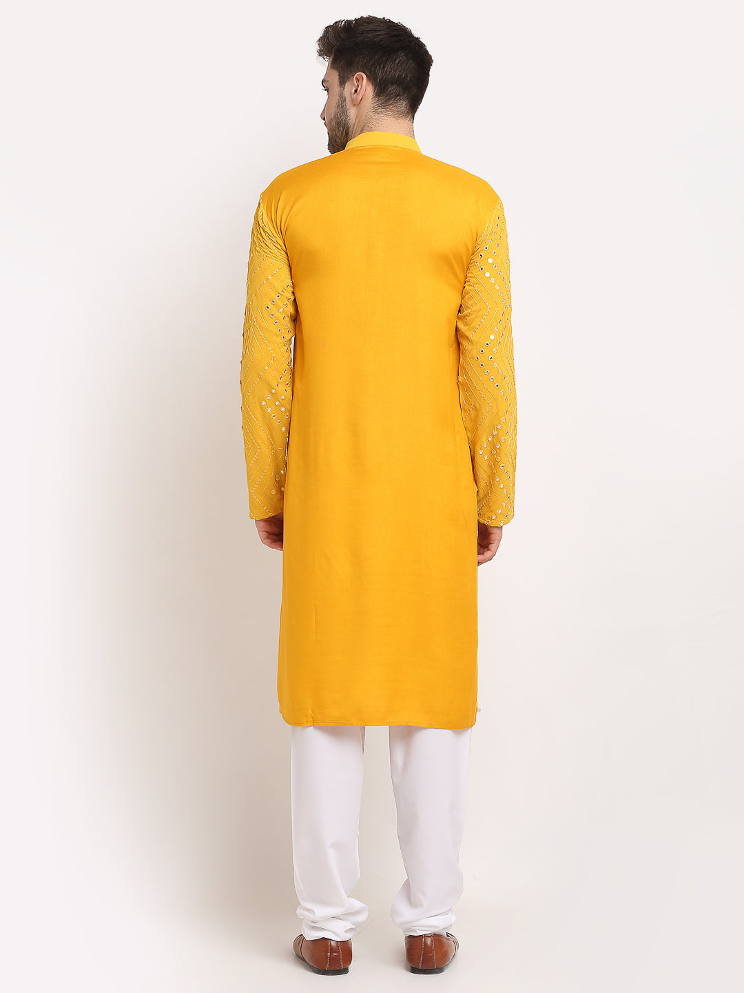 Jompers Men's Mustard Printed Mirror Kurta Only