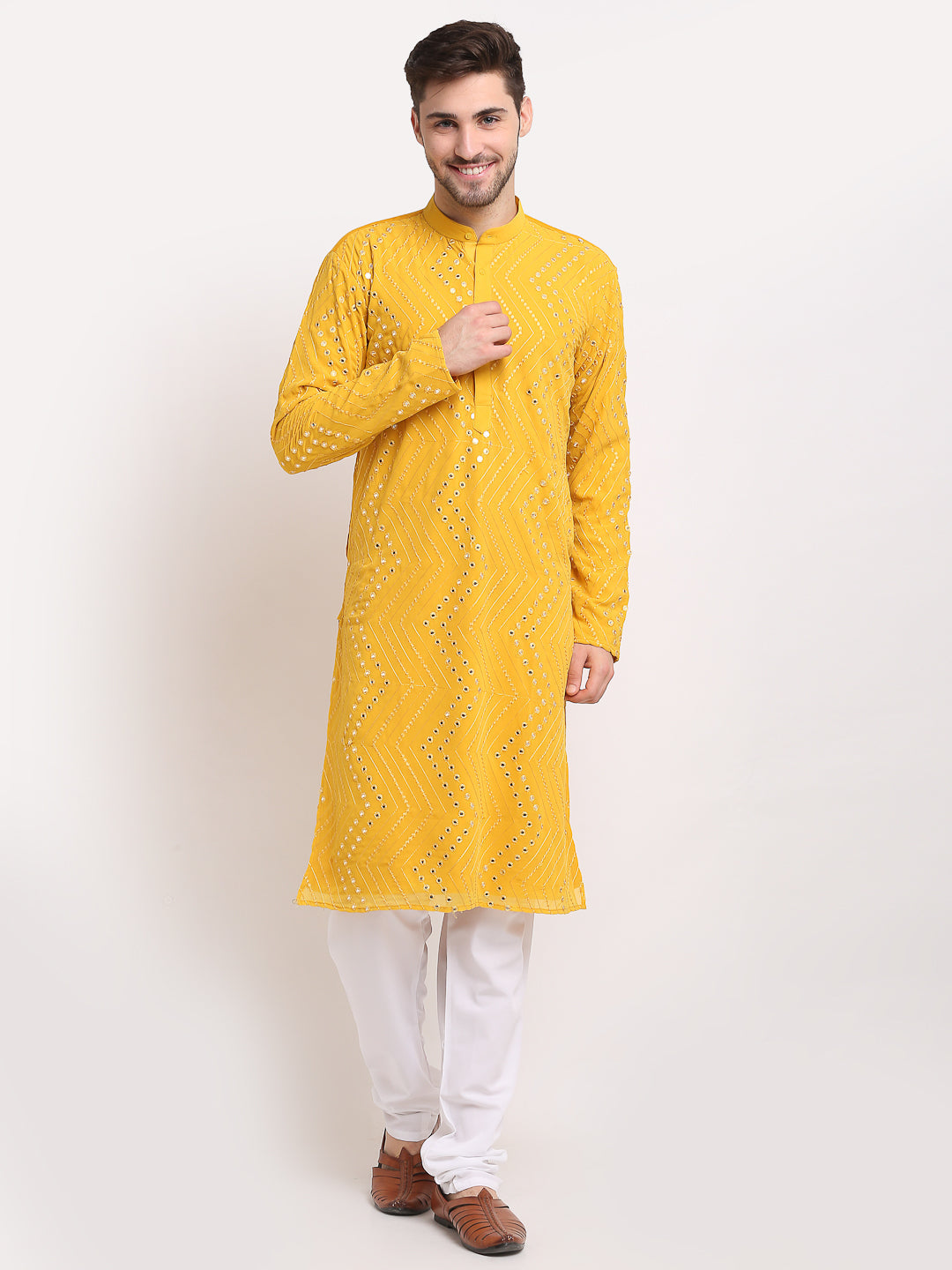 Jompers Men's Mustard Printed Mirror Kurta Only