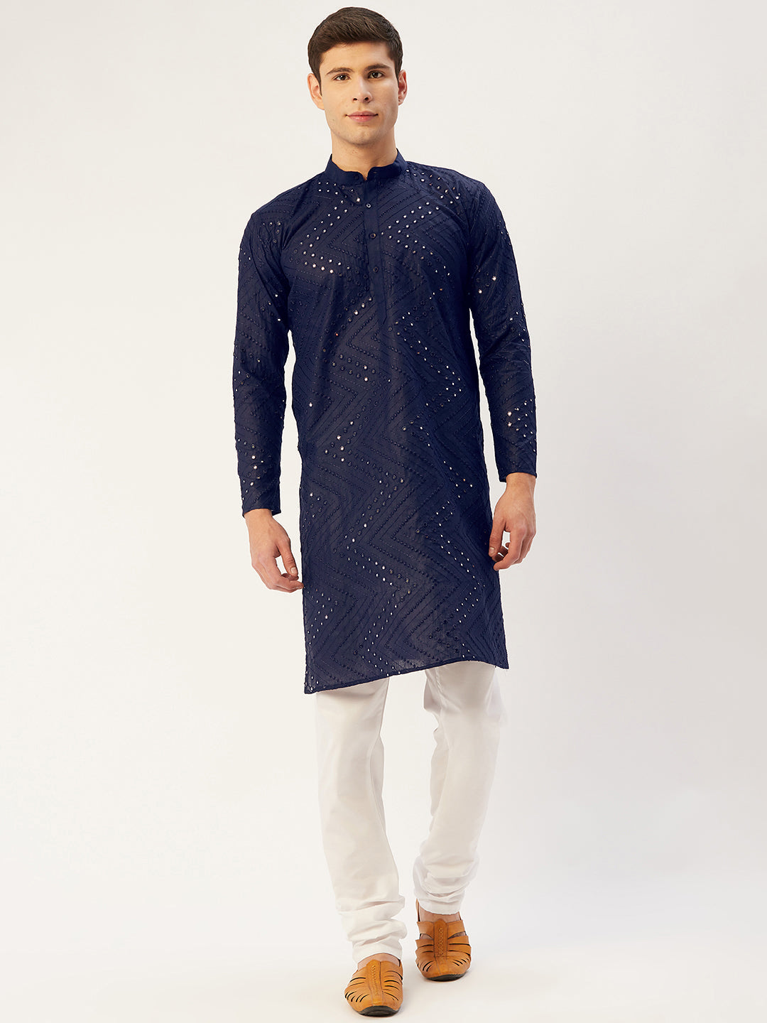 Jompers Men's Navy Embroidered Mirror Work Kurta Only
