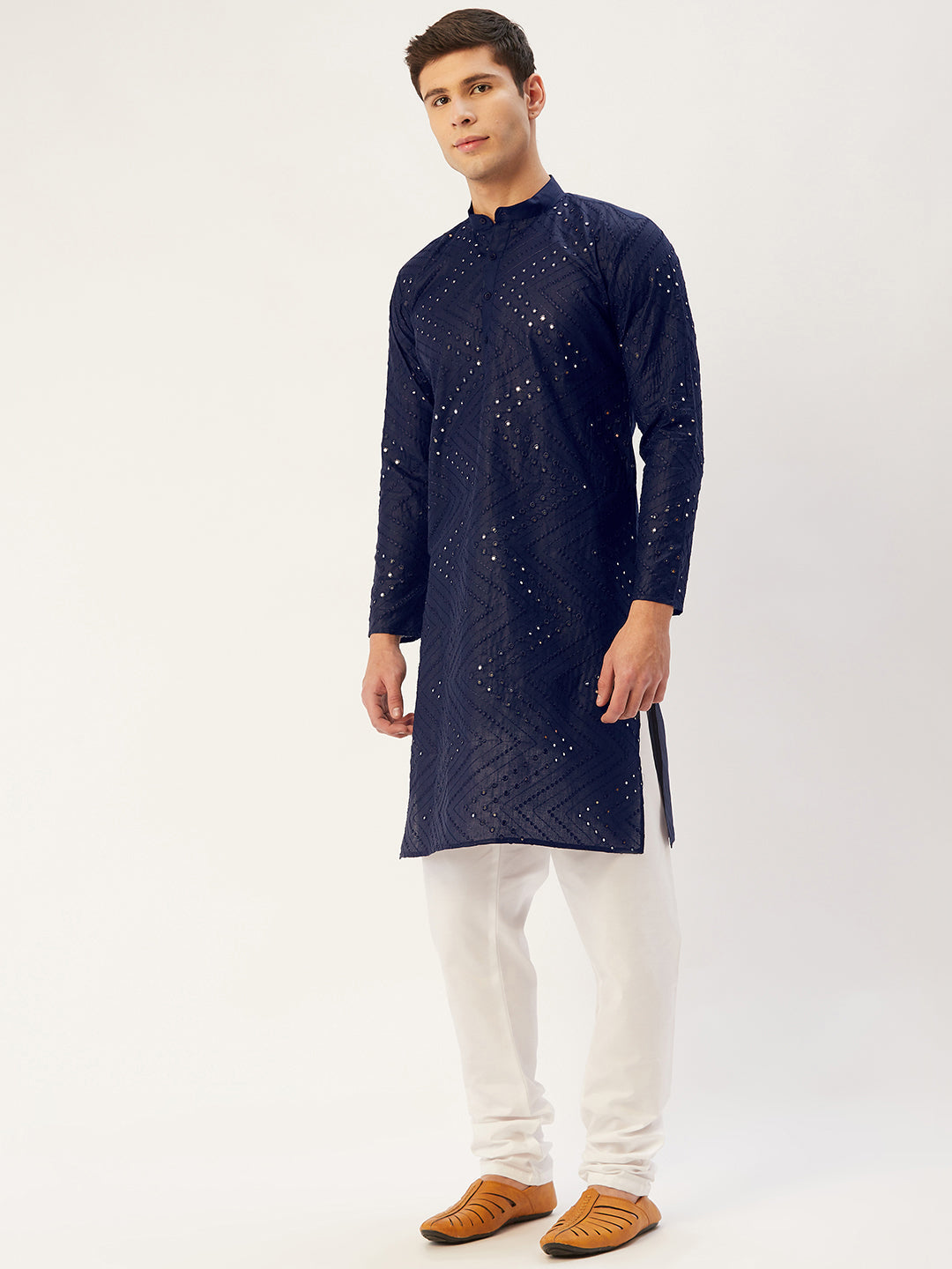 Jompers Men's Navy Embroidered Mirror Work Kurta Only