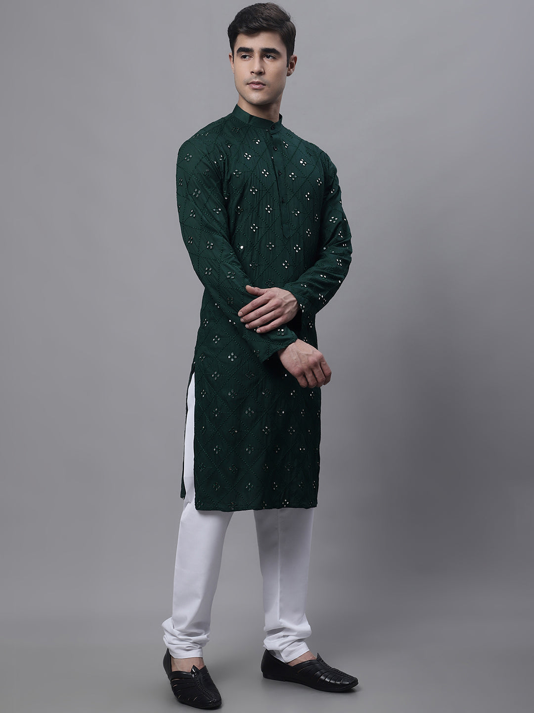 Jompers Men's Olive Green Embroidered Mirror Work Kurta Pyjama