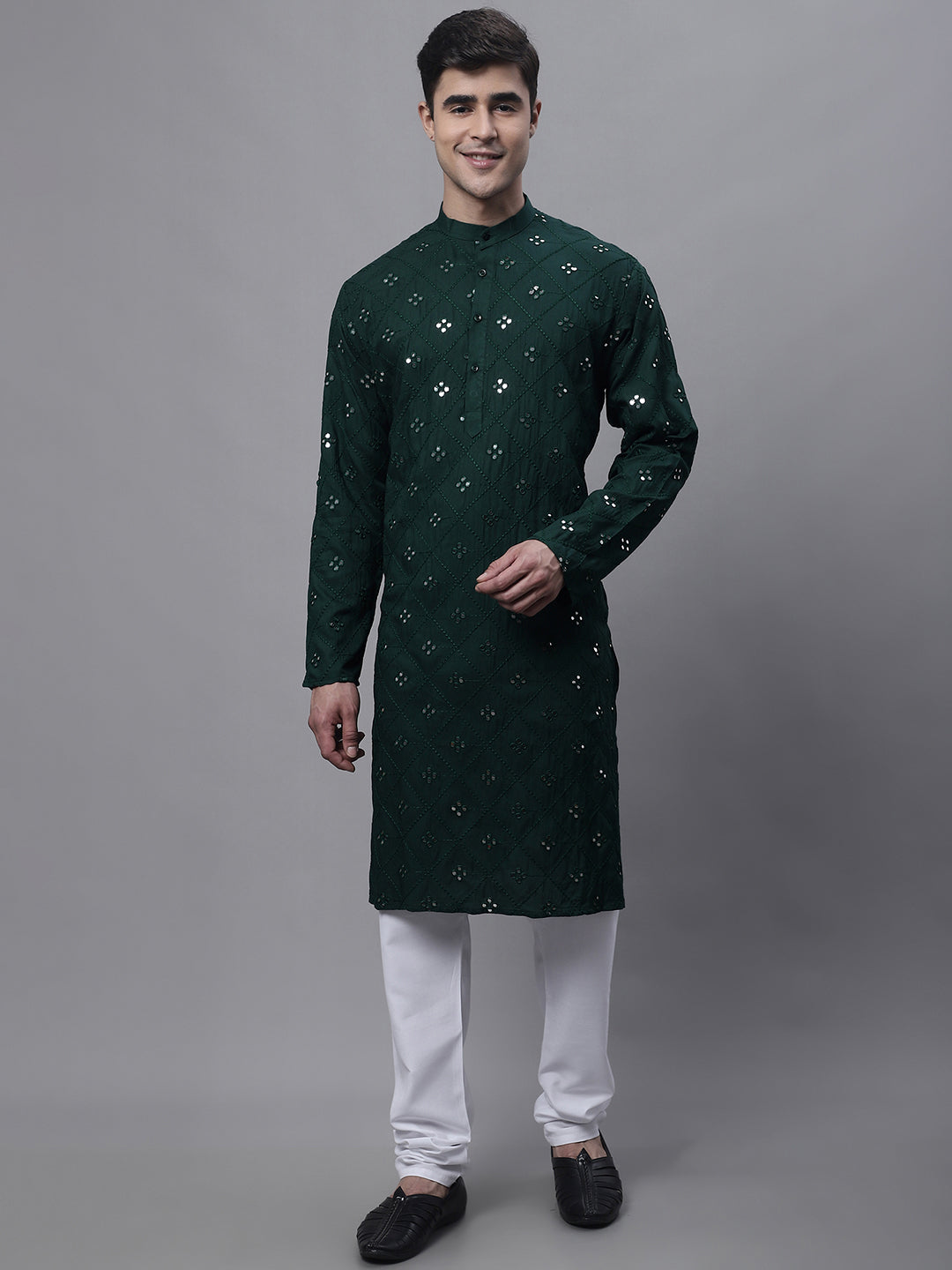 Jompers Men's Olive Green Embroidered Mirror Work Kurta Pyjama