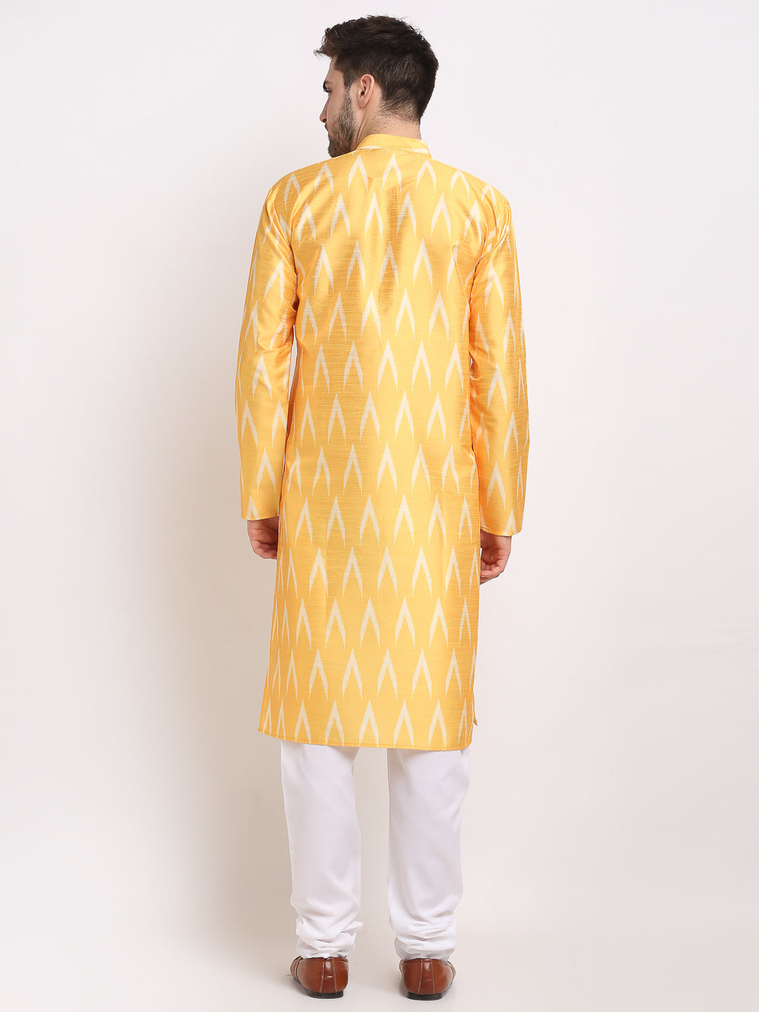 Jompers Men's Mustard Dupion Ikkat Kurta Only