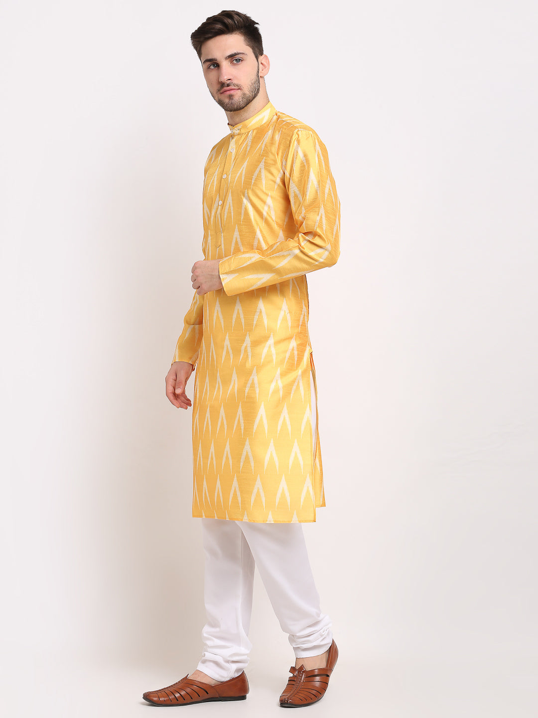 Jompers Men's Mustard Dupion Ikkat Kurta Only
