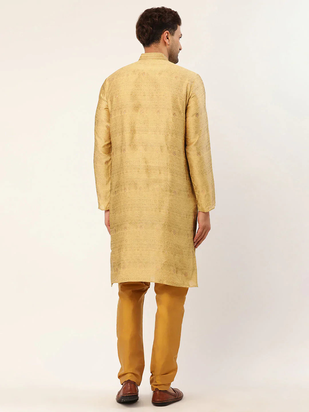 Jompers Men's Beige Coller Embroidered Woven Design Kurta Pyjama