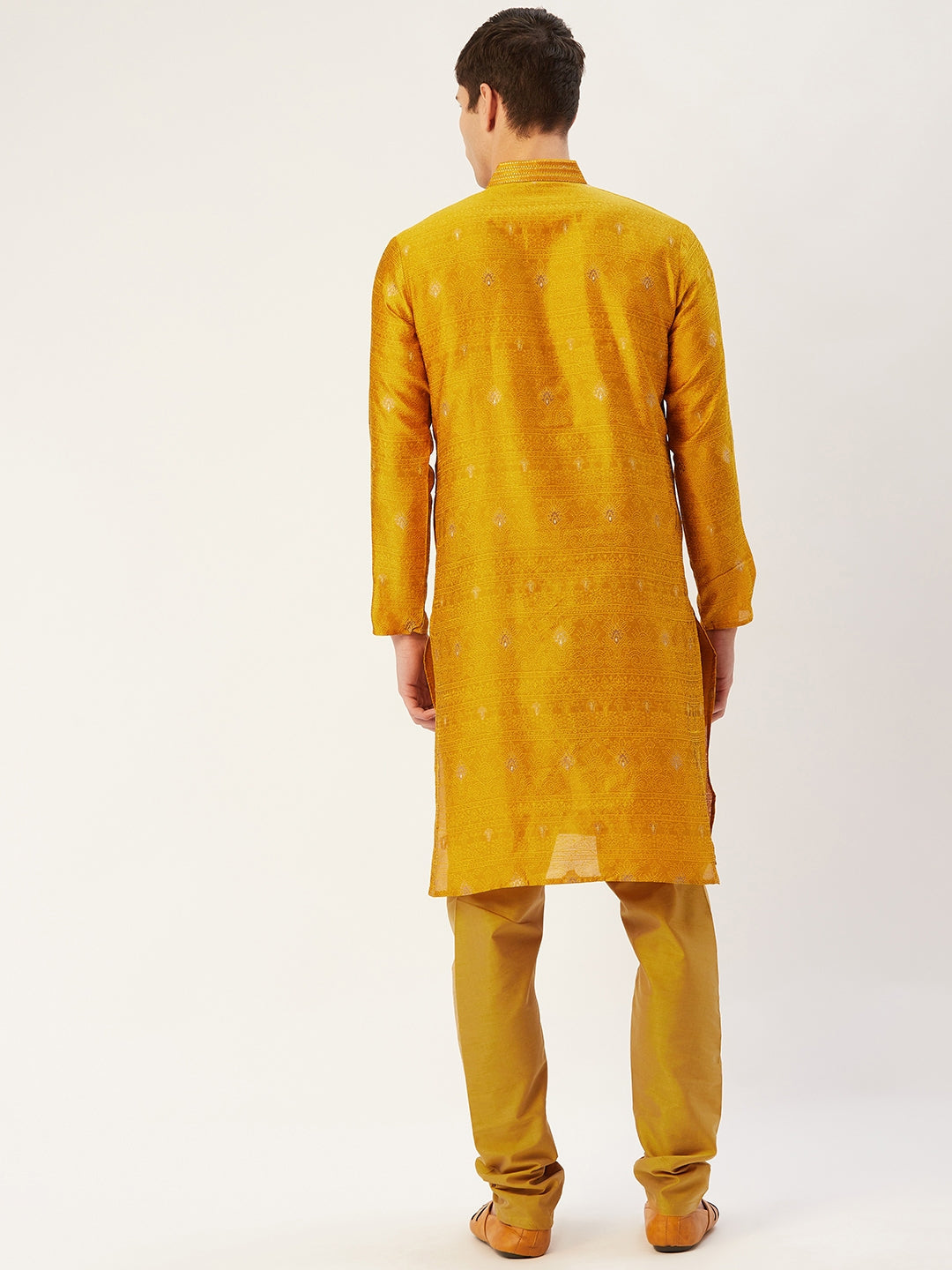 Jompers Men's Mustard Coller Embroidered Woven Design Kurta Only