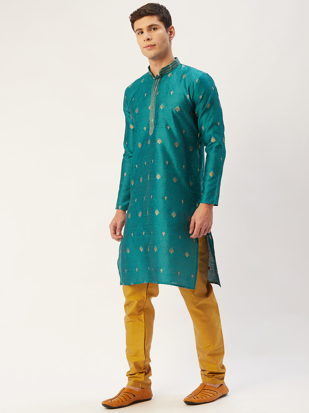Jompers Men's Teal Coller Embroidered Woven Design Kurta Only