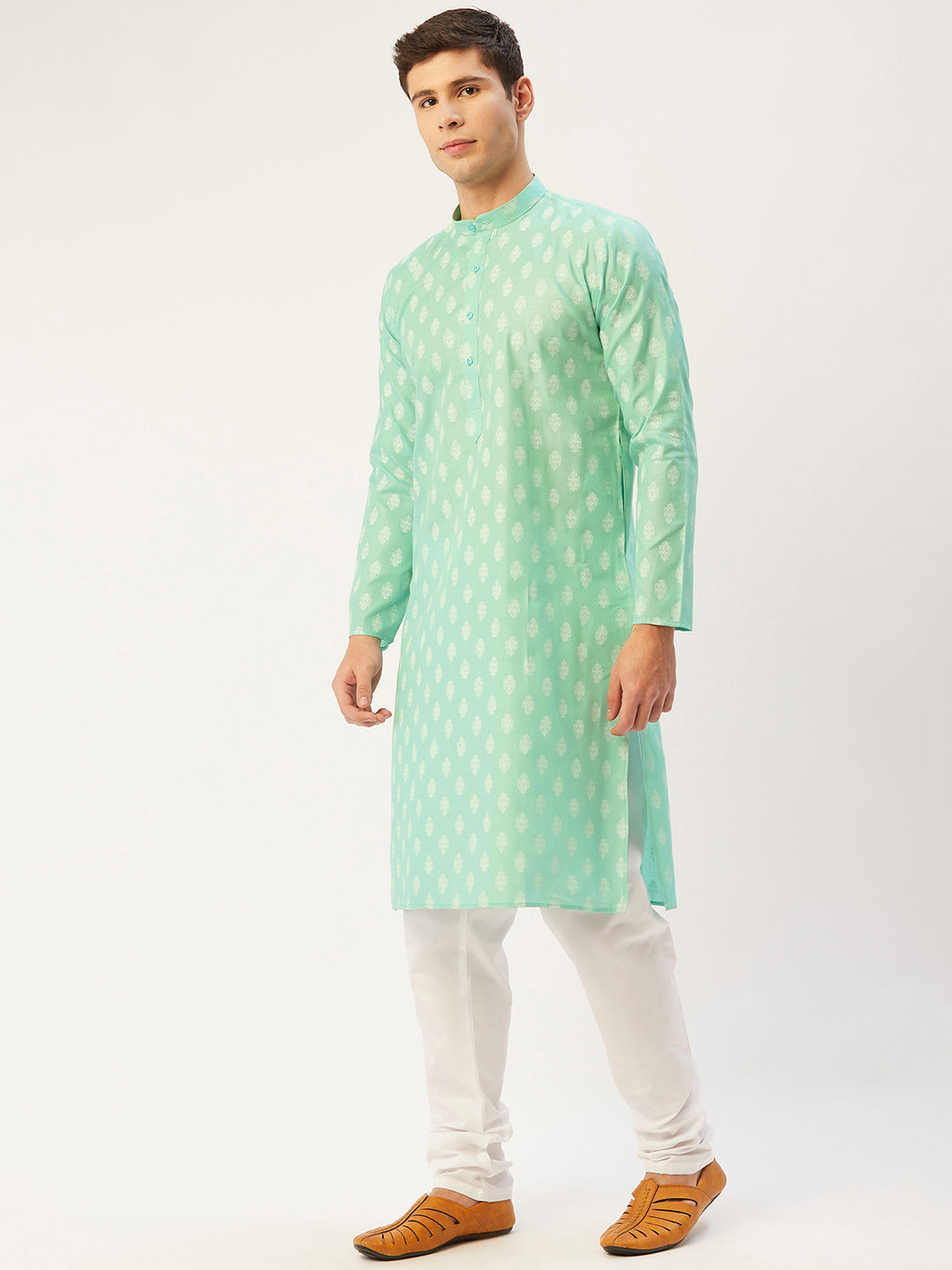 Jompers Men's Green Cotton Floral printed kurta Only 