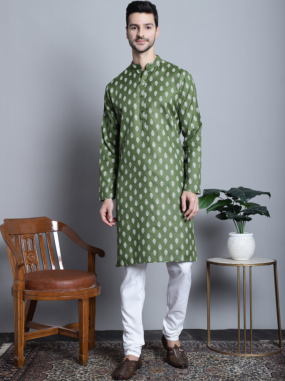Jompers Men's Cotton Floral printed kurta Pyjama - Olive