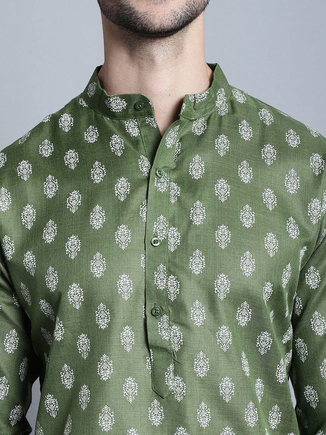Jompers Men's Cotton Floral printed kurta Pyjama - Olive