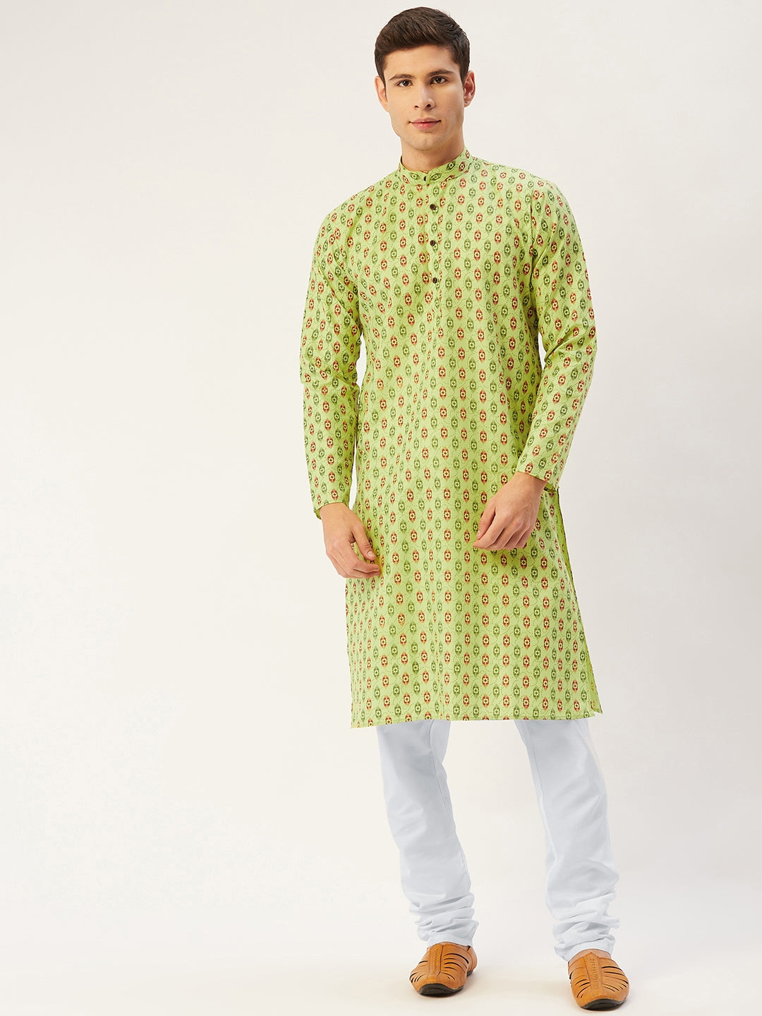 Jompers Men's Green Cotton Ikat printed kurta Only 