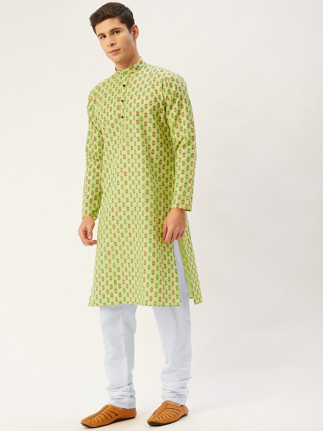 Jompers Men's Green Cotton Ikat printed kurta Only 