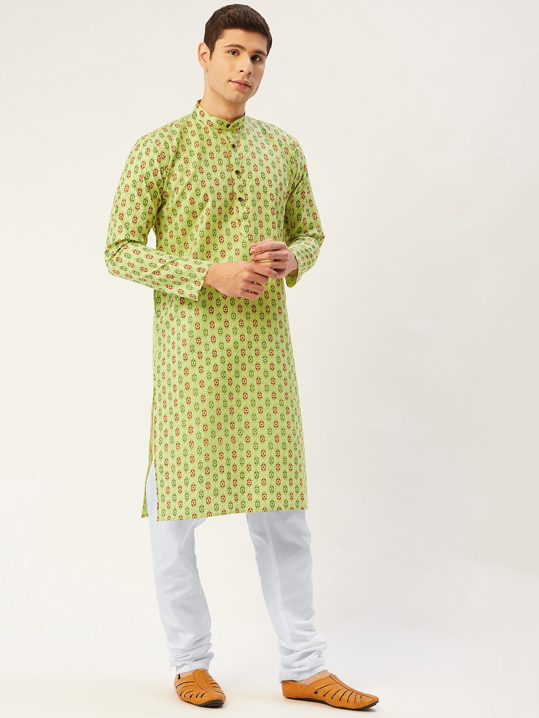 Jompers Men's Green Cotton Ikat printed kurta Only 