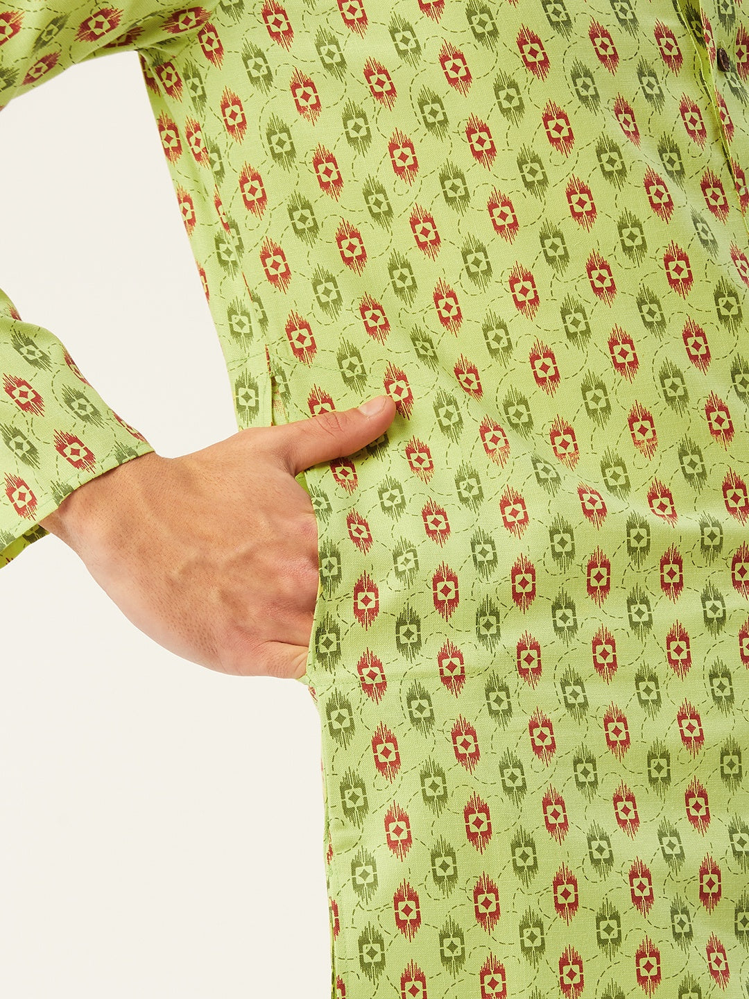 Jompers Men's Green Cotton Ikat printed kurta Only 