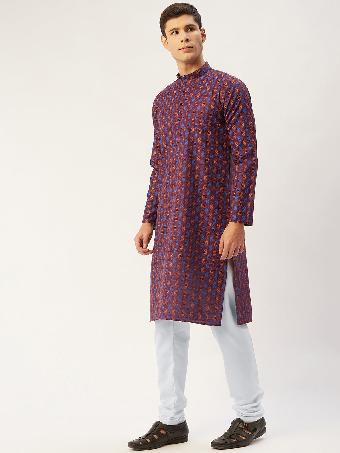 Jompers Men's Maroon Cotton Ikat printed kurta Only