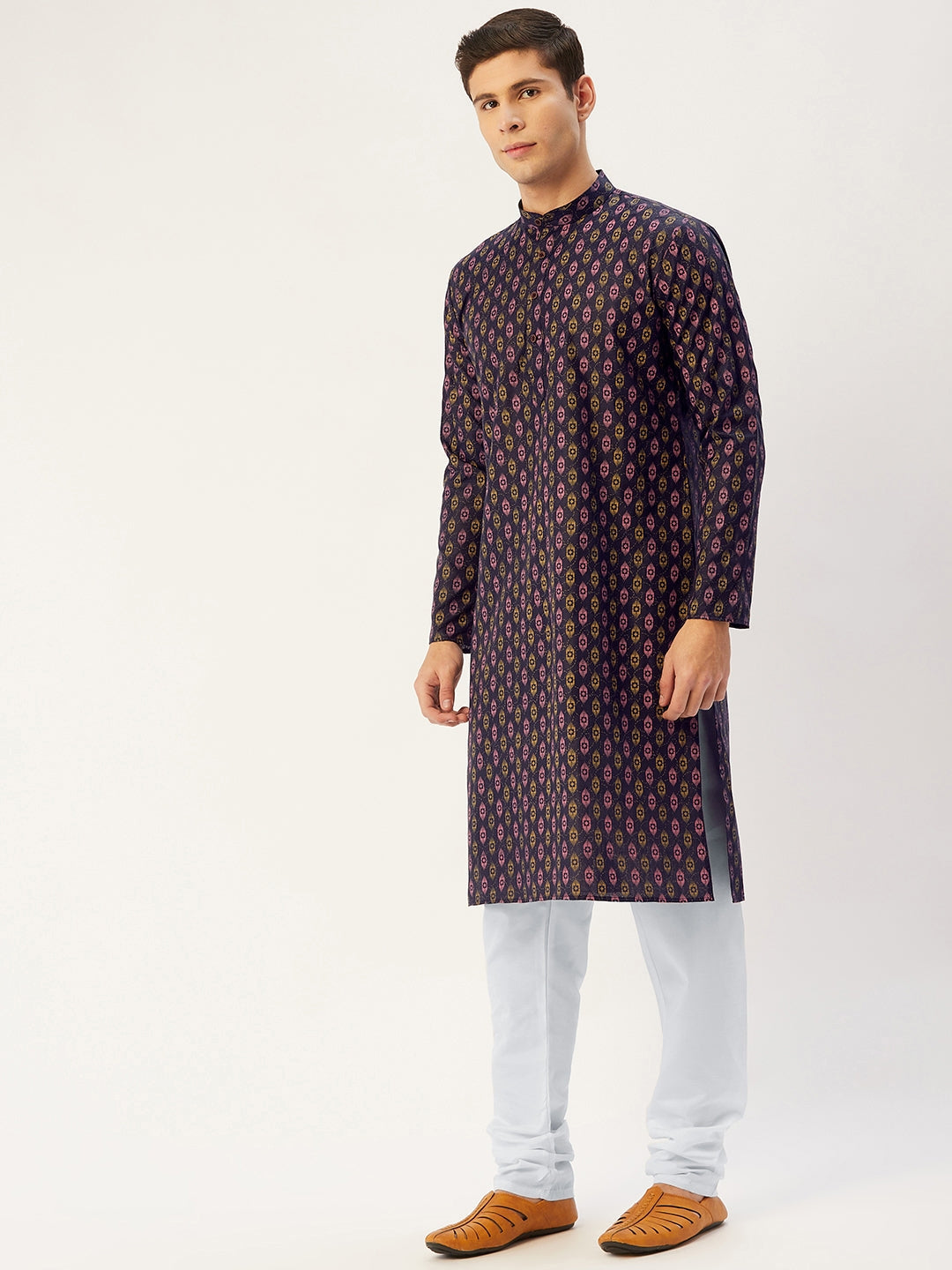 Jompers Men's Navy Cotton Ikat printed kurta Only